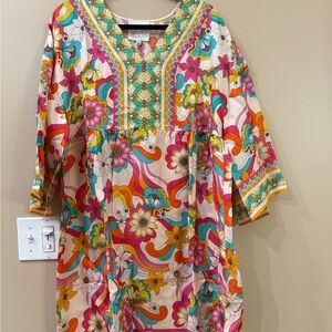 Johnny Was Vibrant Floral Dress with Teal and Orange